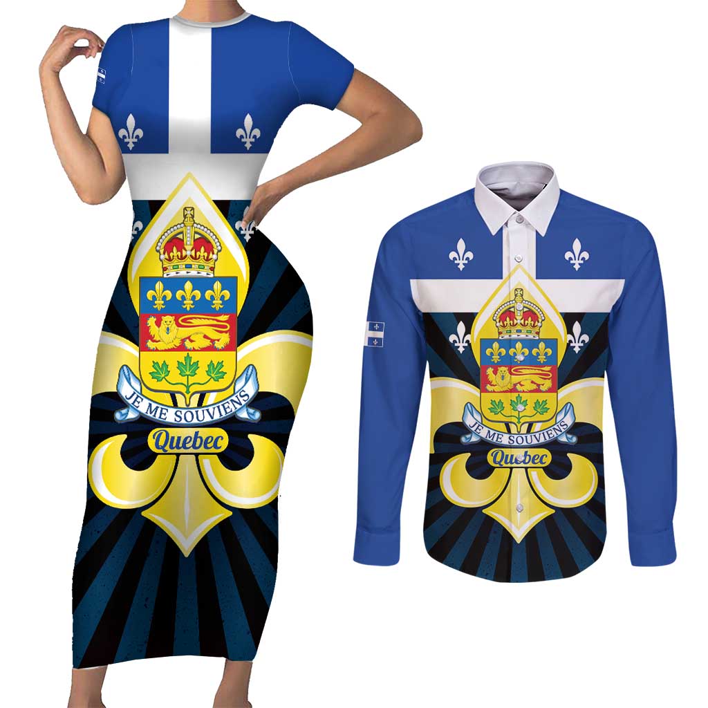 Quebec Canada Province Couples Matching Short Sleeve Bodycon Dress and Long Sleeve Button Shirt Fleur De Lis Coat Of Arms