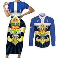 Quebec Canada Province Couples Matching Short Sleeve Bodycon Dress and Long Sleeve Button Shirt Fleur De Lis Coat Of Arms