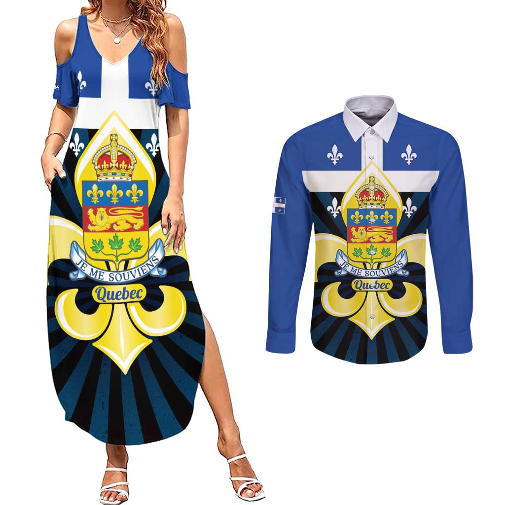 Quebec Canada Province Couples Matching Summer Maxi Dress and Long Sleeve Button Shirt Fleur De Lis Coat Of Arms