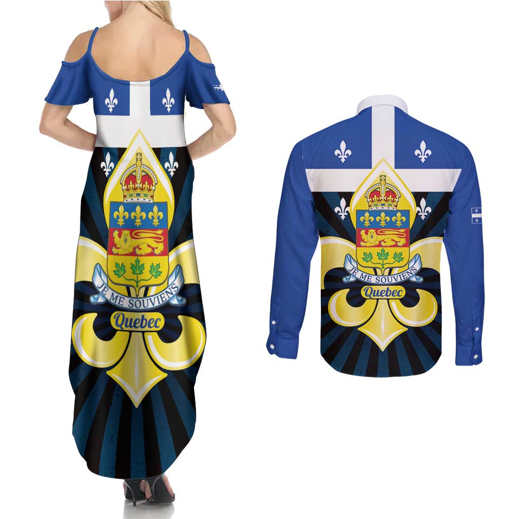 Quebec Canada Province Couples Matching Summer Maxi Dress and Long Sleeve Button Shirt Fleur De Lis Coat Of Arms