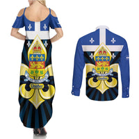 Quebec Canada Province Couples Matching Summer Maxi Dress and Long Sleeve Button Shirt Fleur De Lis Coat Of Arms