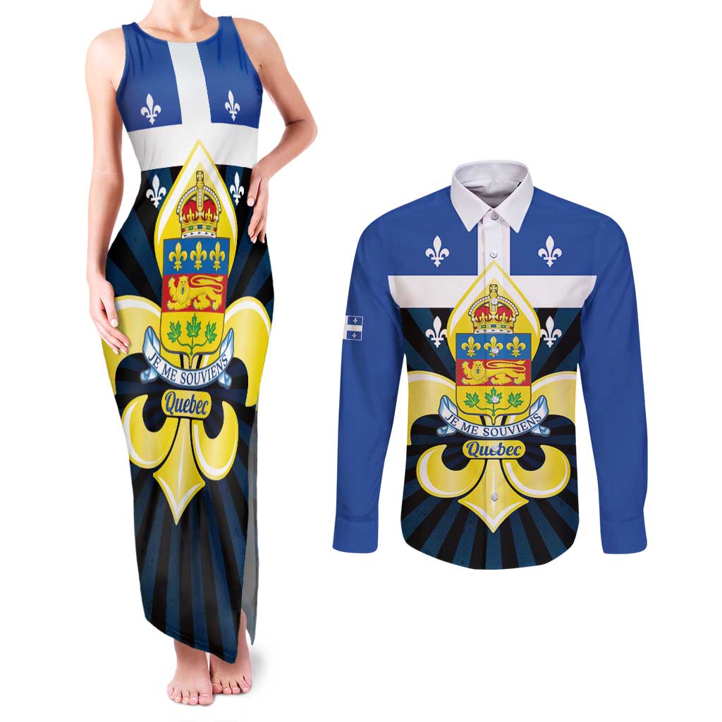Quebec Canada Province Couples Matching Tank Maxi Dress and Long Sleeve Button Shirt Fleur De Lis Coat Of Arms