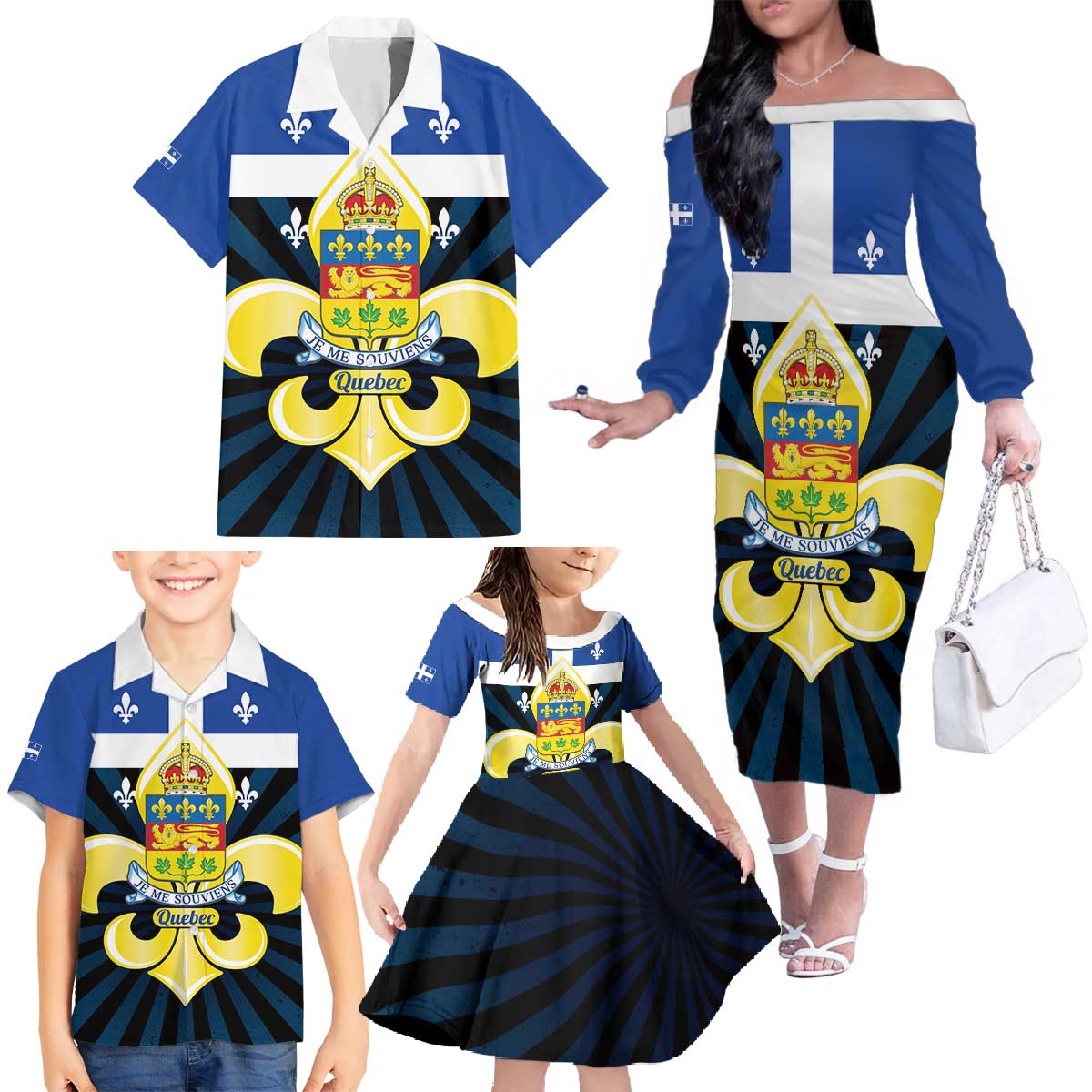 Quebec Canada Province Family Matching Off The Shoulder Long Sleeve Dress and Hawaiian Shirt Fleur De Lis Coat Of Arms