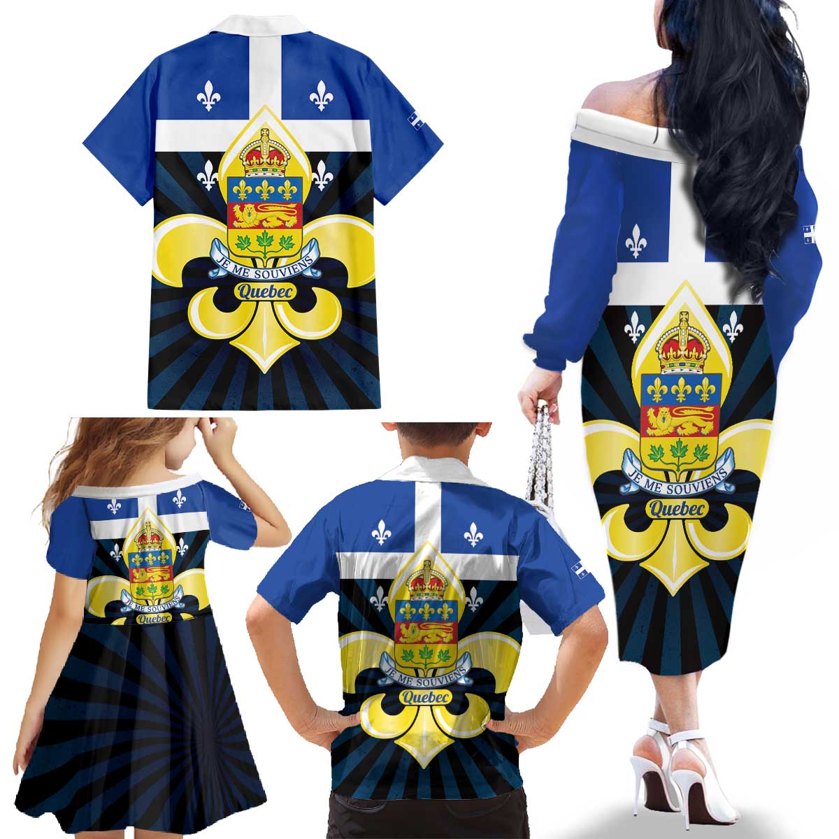Quebec Canada Province Family Matching Off The Shoulder Long Sleeve Dress and Hawaiian Shirt Fleur De Lis Coat Of Arms