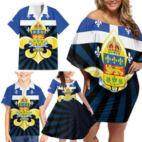Quebec Canada Province Family Matching Off Shoulder Short Dress and Hawaiian Shirt Fleur De Lis Coat Of Arms