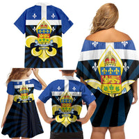 Quebec Canada Province Family Matching Off Shoulder Short Dress and Hawaiian Shirt Fleur De Lis Coat Of Arms