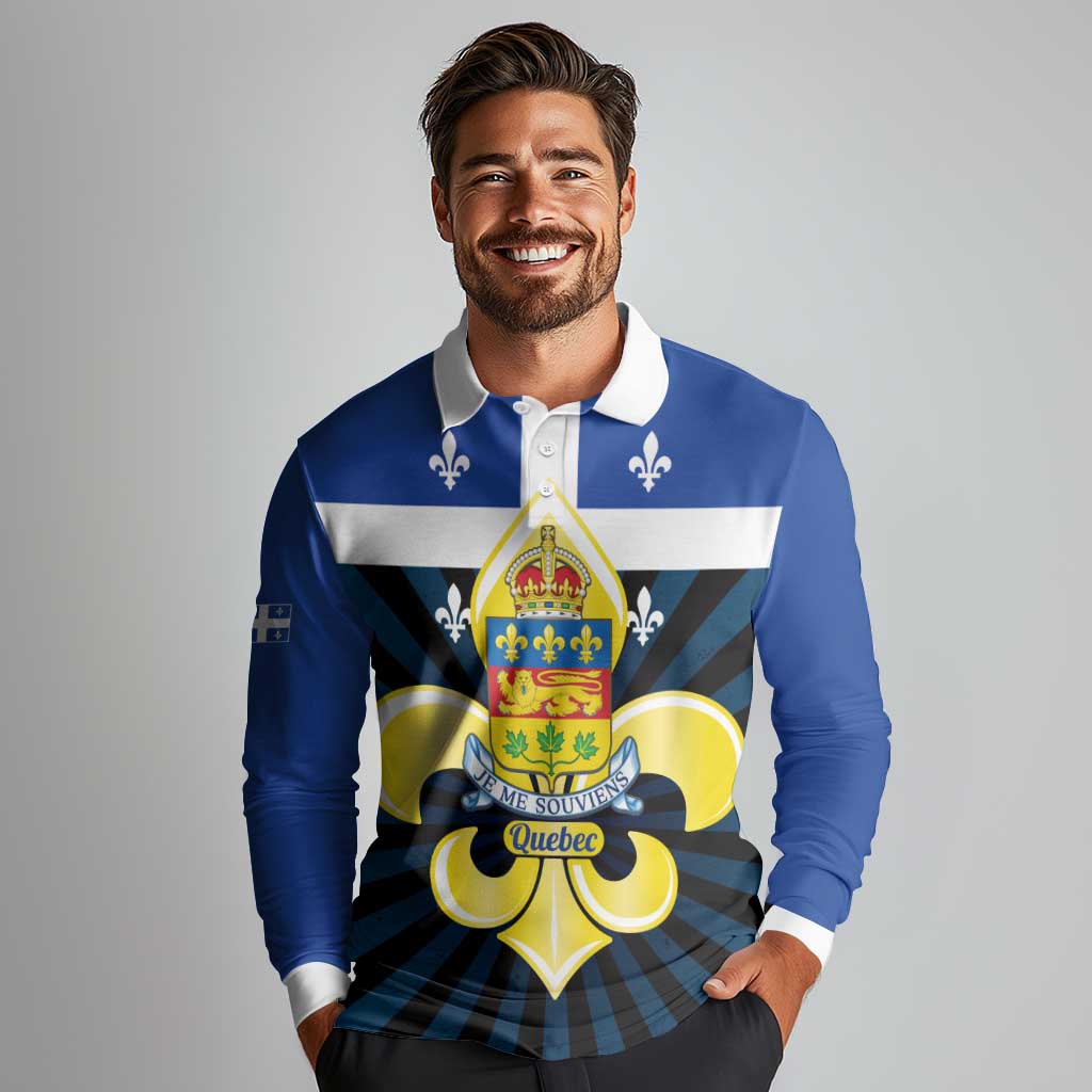 Quebec Canada Province Long Sleeve Polo Shirt Fleur De Lis Coat Of Arms