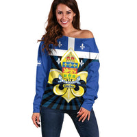 Quebec Canada Province Off Shoulder Sweater Fleur De Lis Coat Of Arms