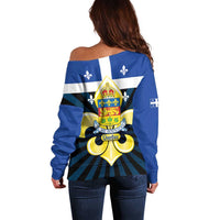 Quebec Canada Province Off Shoulder Sweater Fleur De Lis Coat Of Arms