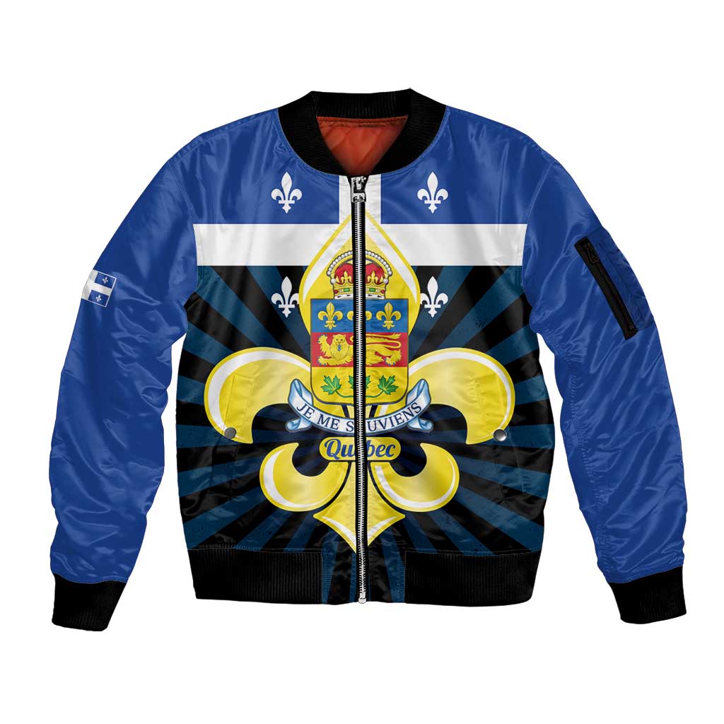 Quebec Canada Province Sleeve Zip Bomber Jacket Fleur De Lis Coat Of Arms