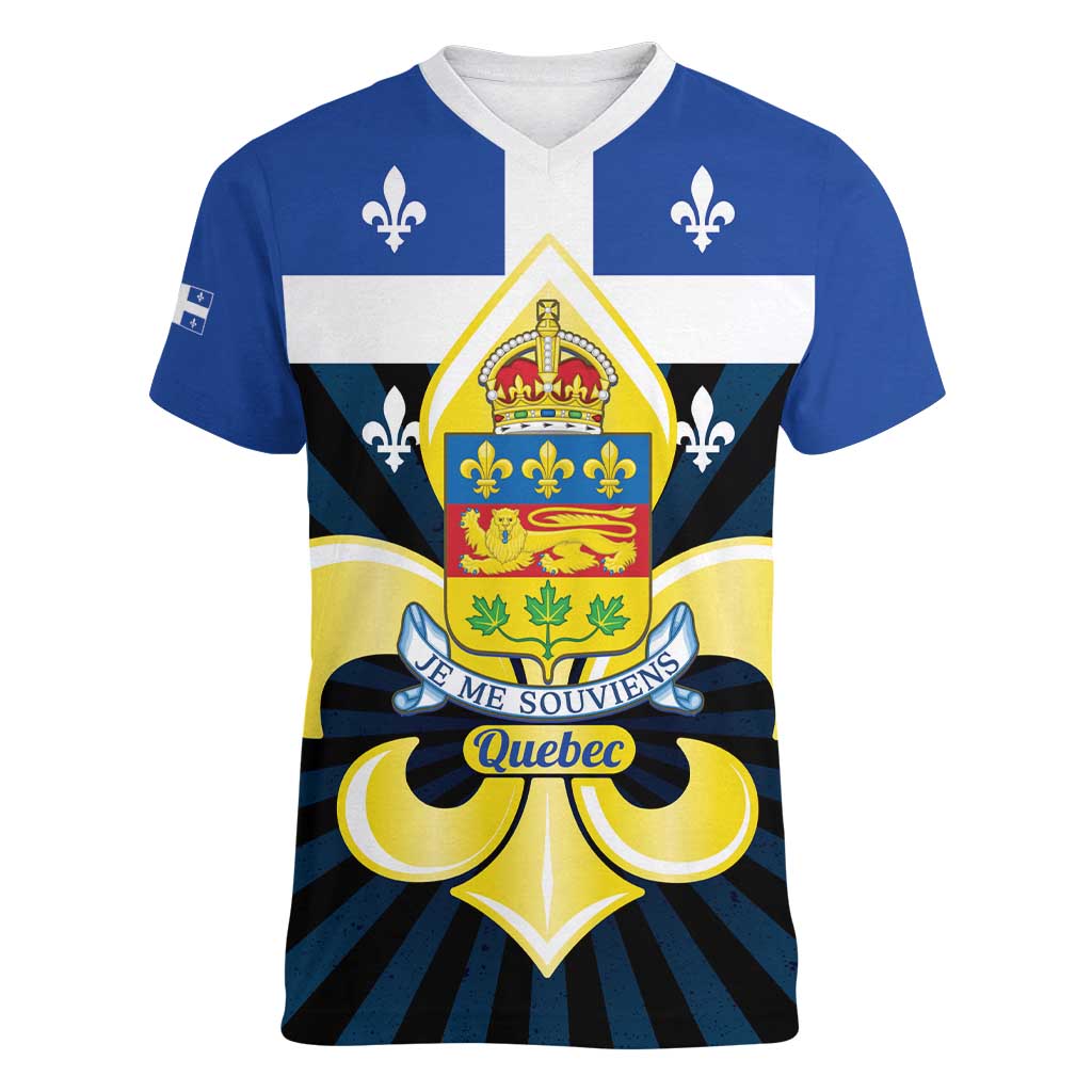Quebec Canada Province Women V-Neck T-Shirt Fleur De Lis Coat Of Arms