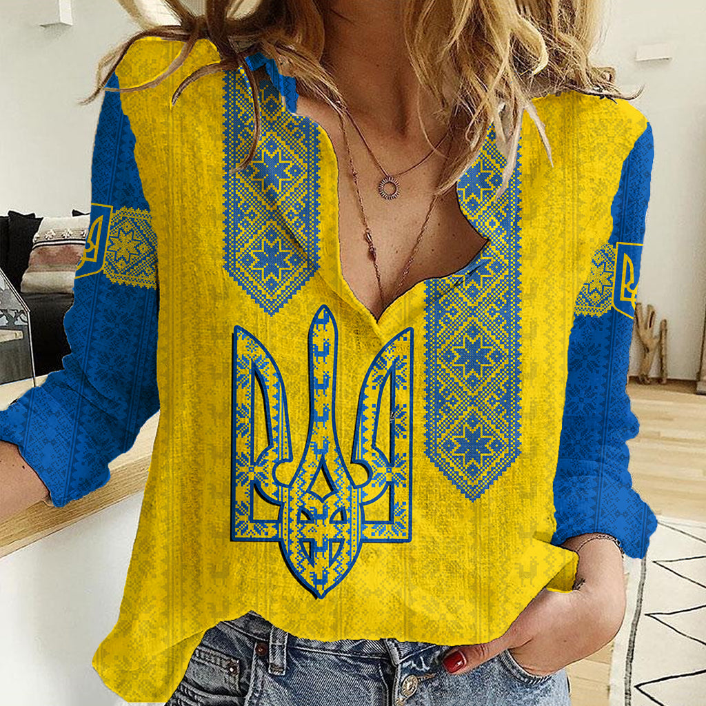Ukraine Women Casual Shirt Gold Trident Belarus Folk Pattern - Wonder Print Shop