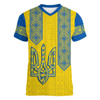 Ukraine Women V Neck T Shirt Gold Trident Folk Pattern - Wonder Print Shop