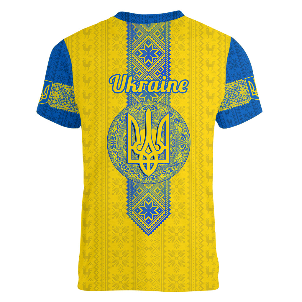 Ukraine Women V Neck T Shirt Gold Trident Folk Pattern - Wonder Print Shop