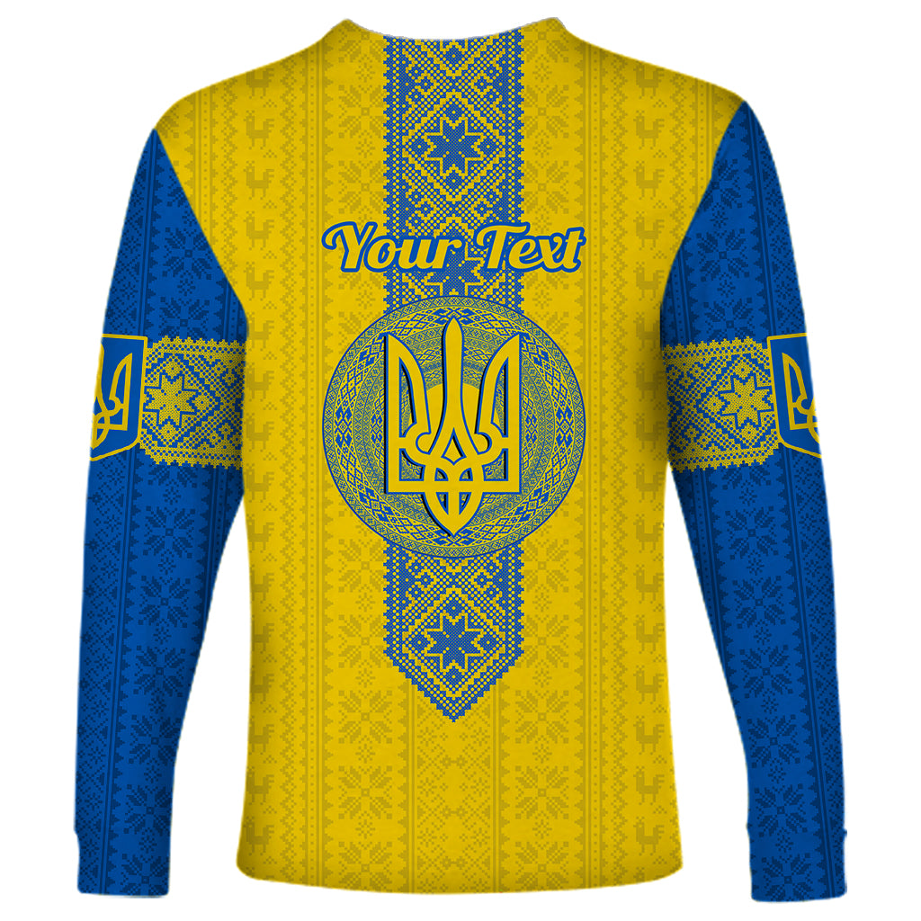 Personalised Ukraine Long Sleeve Shirt Gold Trident Folk Pattern - Wonder Print Shop