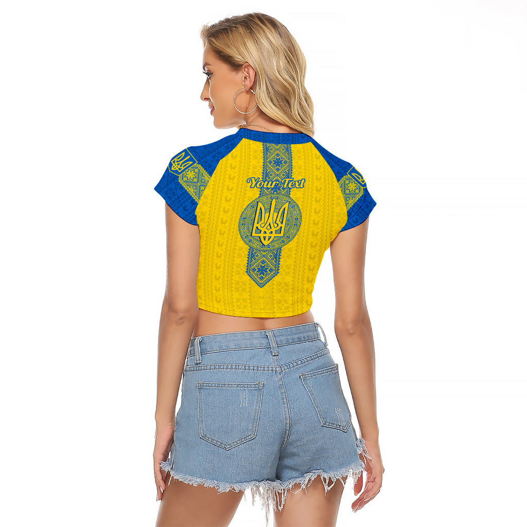 Personalised Ukraine Raglan Cropped T Shirt Gold Trident Folk Pattern - Wonder Print Shop