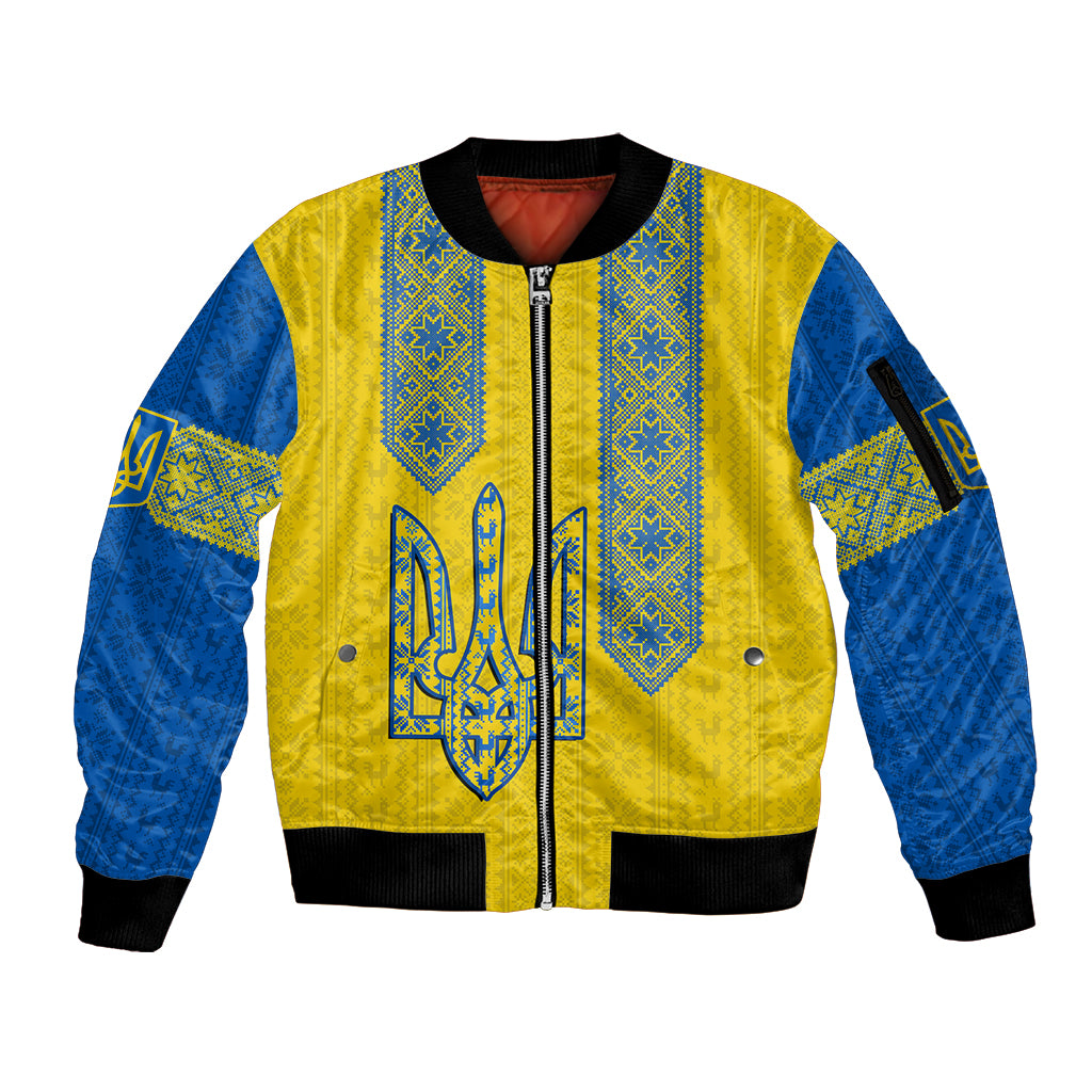 Personalised Ukraine Sleeve Zip Bomber Jacket Gold Trident Folk Pattern - Wonder Print Shop