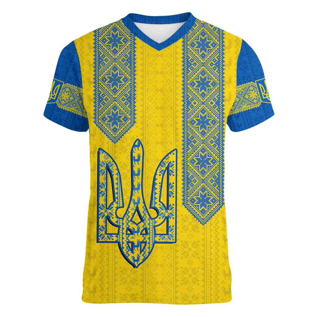 Personalised Ukraine Women V Neck T Shirt Gold Trident Folk Pattern - Wonder Print Shop