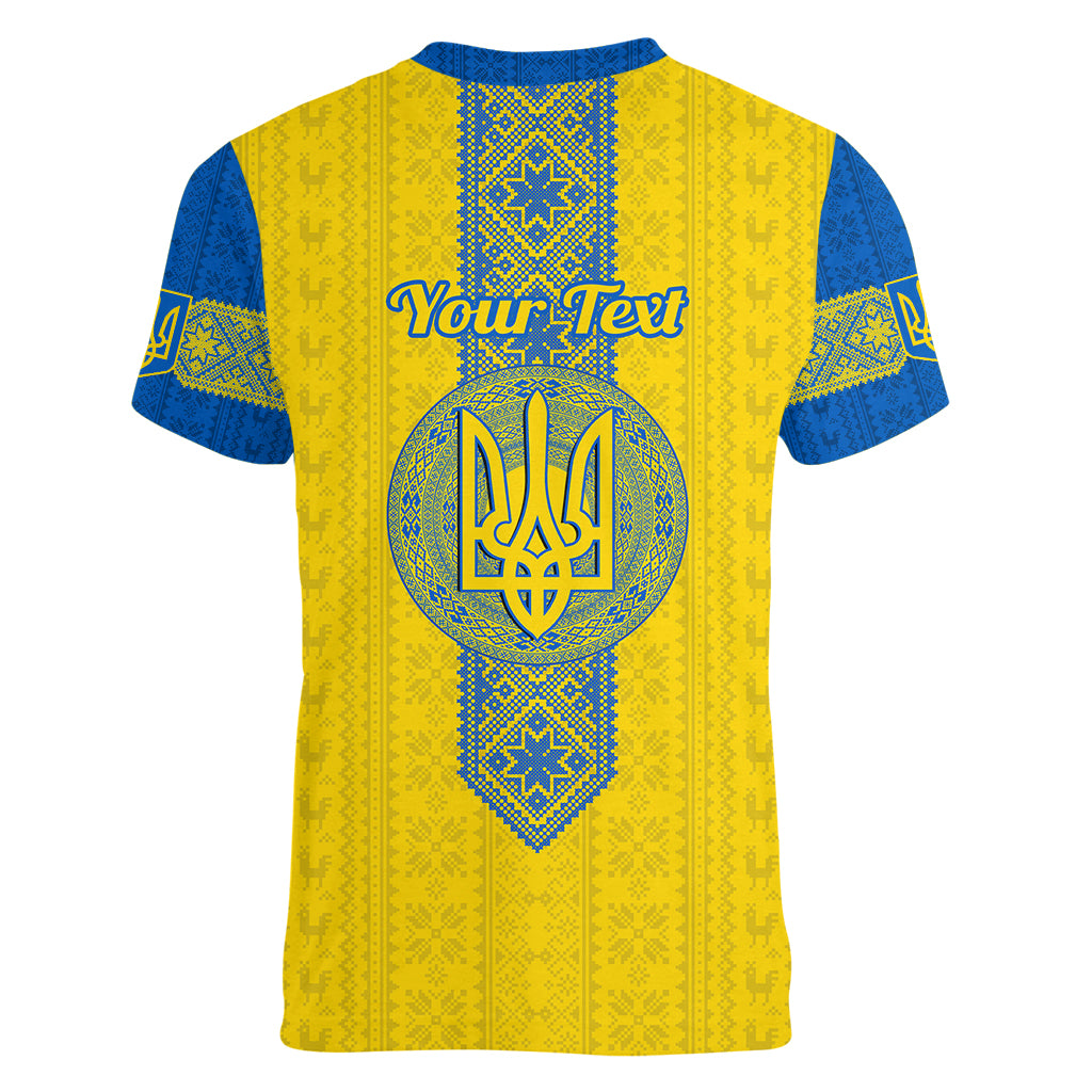 Personalised Ukraine Women V Neck T Shirt Gold Trident Folk Pattern - Wonder Print Shop