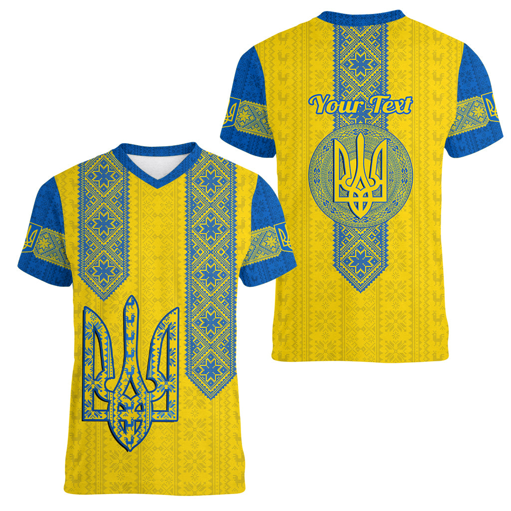 Personalised Ukraine Women V Neck T Shirt Gold Trident Folk Pattern - Wonder Print Shop