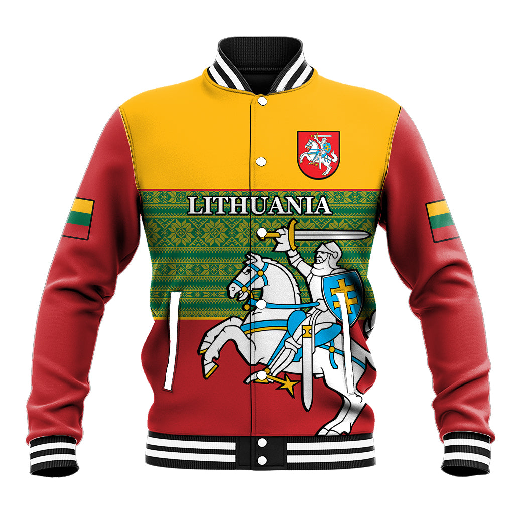 Personalised Lithuania Baseball Jacket Lithuanian Coat Of Arms Mix Folk Pattern - Wonder Print Shop