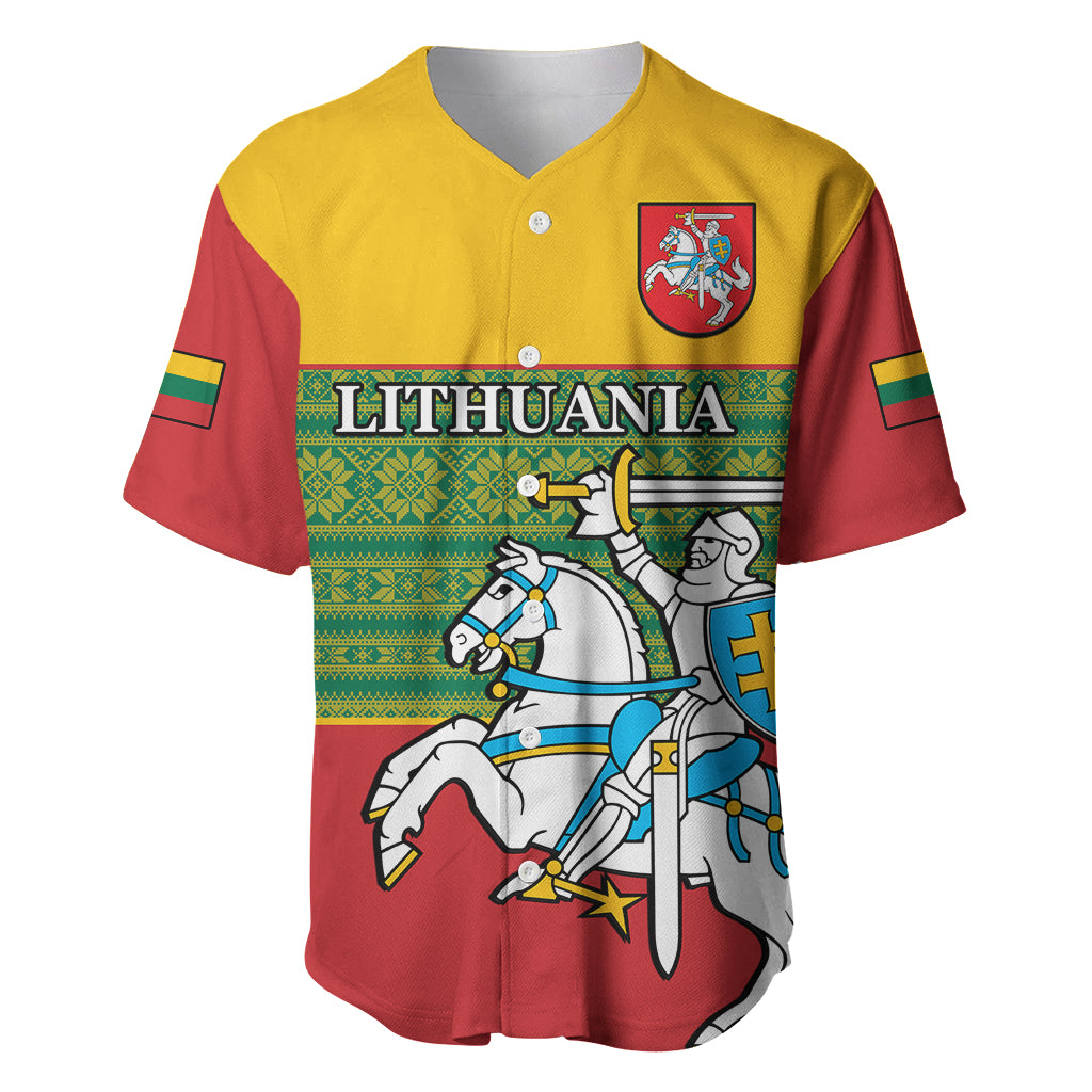 Personalised Lithuania Baseball Jersey Lithuanian Coat Of Arms Mix Folk Pattern - Wonder Print Shop