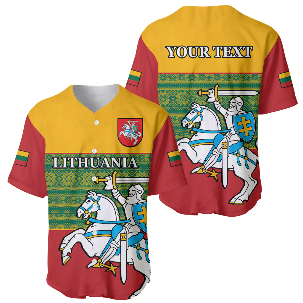 Personalised Lithuania Baseball Jersey Lithuanian Coat Of Arms Mix Folk Pattern - Wonder Print Shop