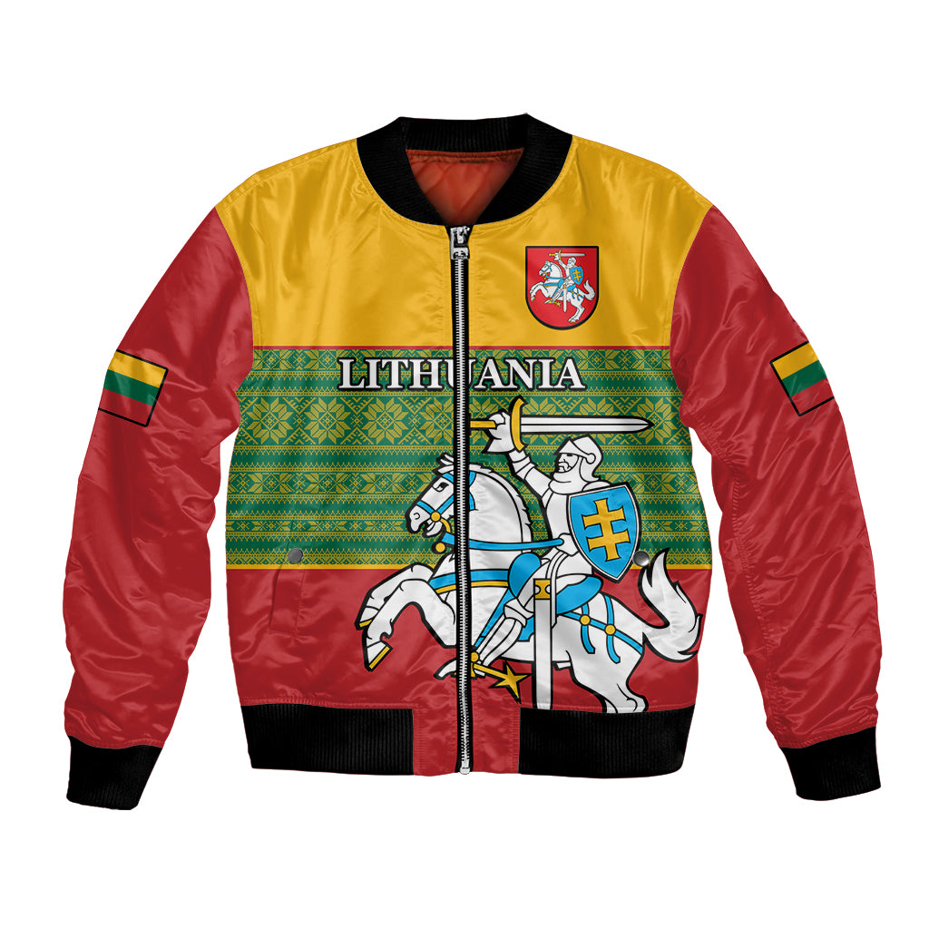 Personalised Lithuania Bomber Jacket Lithuanian Coat Of Arms Mix Folk Pattern - Wonder Print Shop