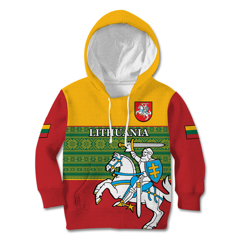 Personalised Lithuania Kid Hoodie Lithuanian Coat Of Arms Mix Folk Pattern - Wonder Print Shop