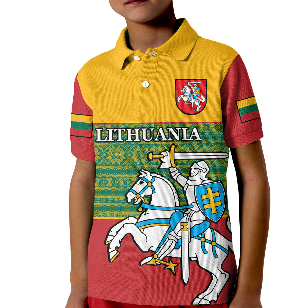 Personalised Lithuania Kid Polo Shirt Lithuanian Coat Of Arms Mix Folk Pattern - Wonder Print Shop