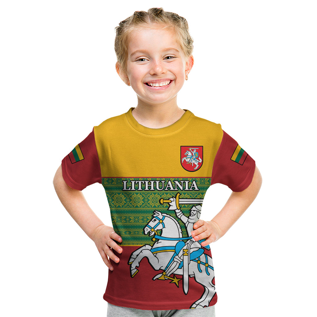 Personalised Lithuania Kid T Shirt Lithuanian Coat Of Arms Mix Folk Pattern - Wonder Print Shop