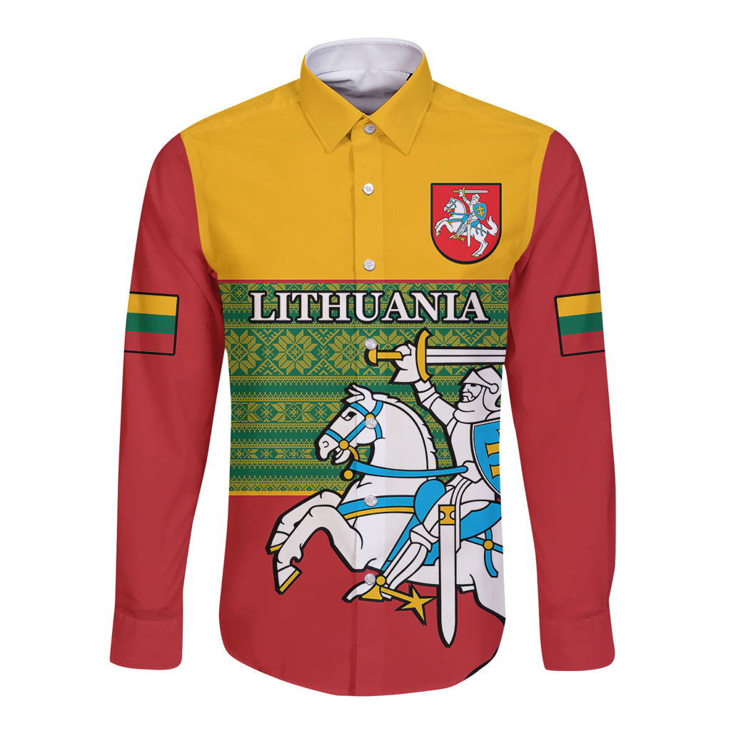 Personalised Lithuania Long Sleeve Button Shirt Lithuanian Coat Of Arms Mix Folk Pattern - Wonder Print Shop