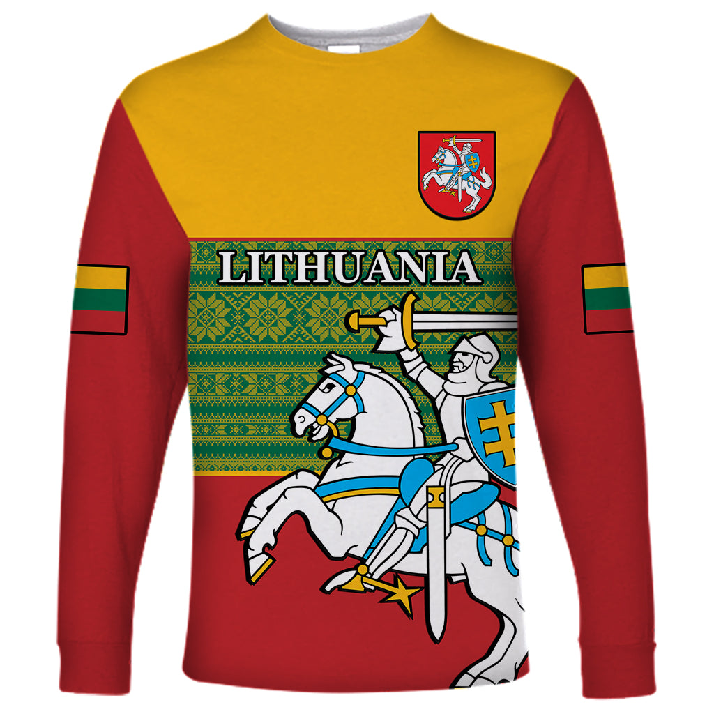 Personalised Lithuania Long Sleeve Shirt Lithuanian Coat Of Arms Mix Folk Pattern - Wonder Print Shop