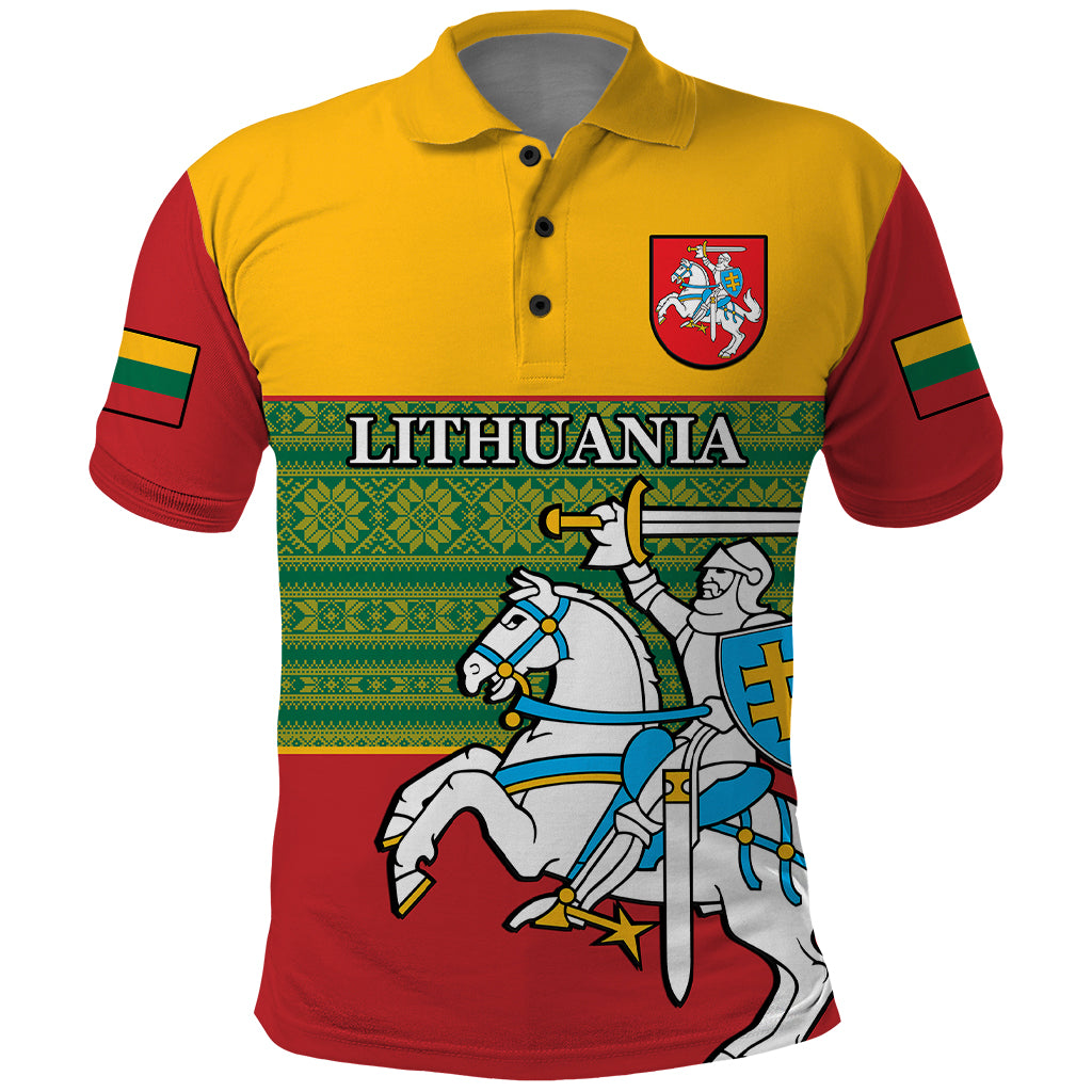 Personalised Lithuania Polo Shirt Lithuanian Coat Of Arms Mix Folk Pattern - Wonder Print Shop