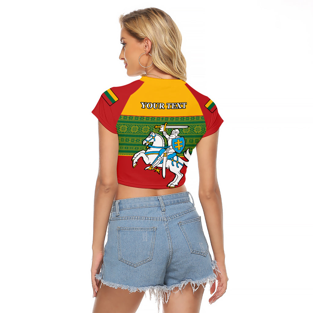 Personalised Lithuania Raglan Cropped T Shirt Lithuanian Coat Of Arms Mix Folk Pattern - Wonder Print Shop