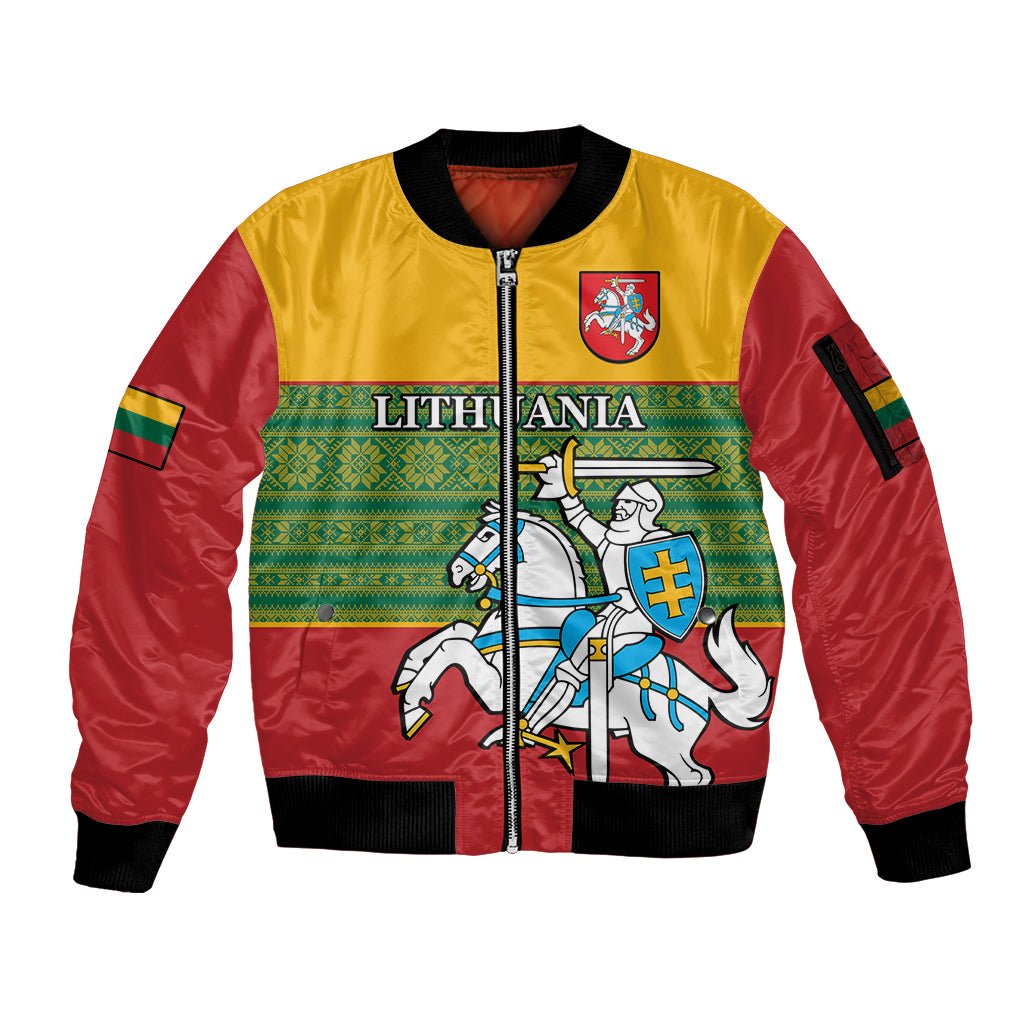 Personalised Lithuania Sleeve Zip Bomber Jacket Lithuanian Coat Of Arms Mix Folk Pattern - Wonder Print Shop