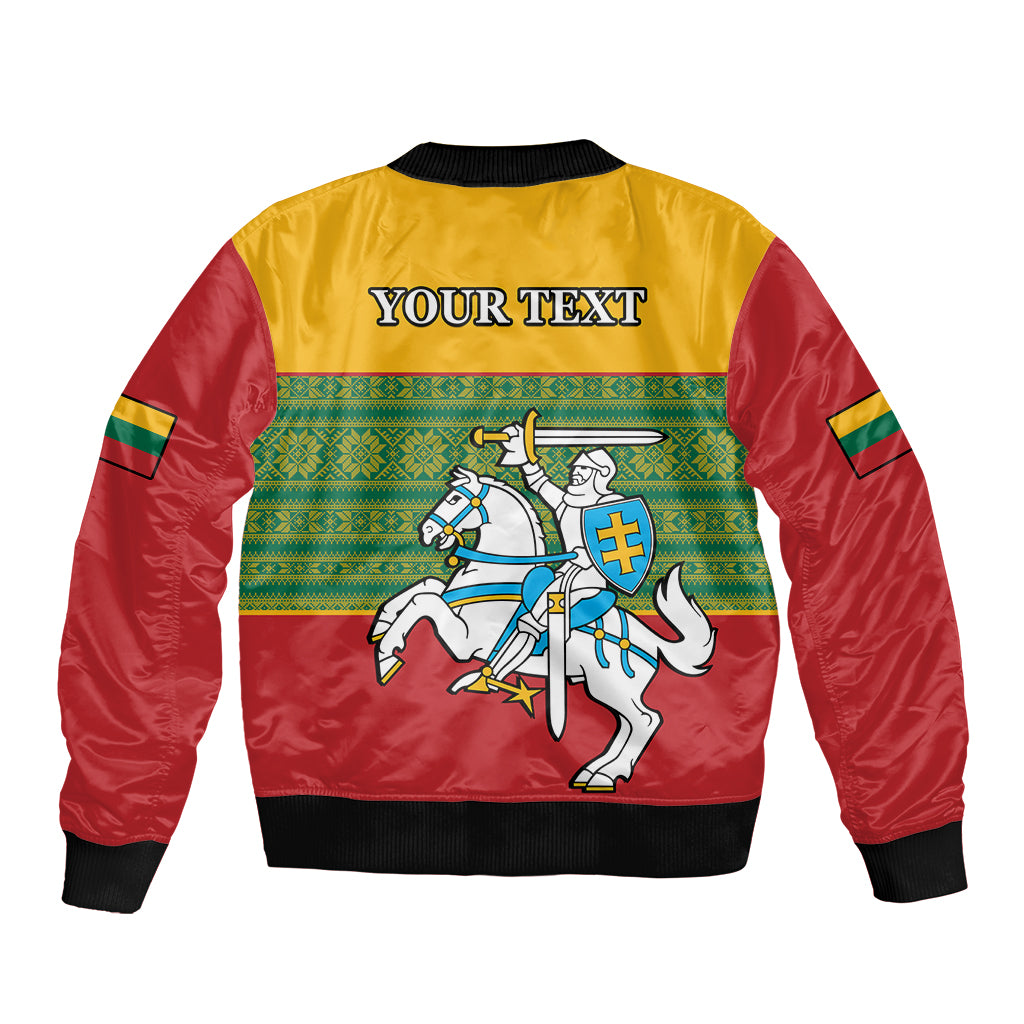 Personalised Lithuania Sleeve Zip Bomber Jacket Lithuanian Coat Of Arms Mix Folk Pattern - Wonder Print Shop