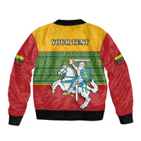 Personalised Lithuania Sleeve Zip Bomber Jacket Lithuanian Coat Of Arms Mix Folk Pattern - Wonder Print Shop