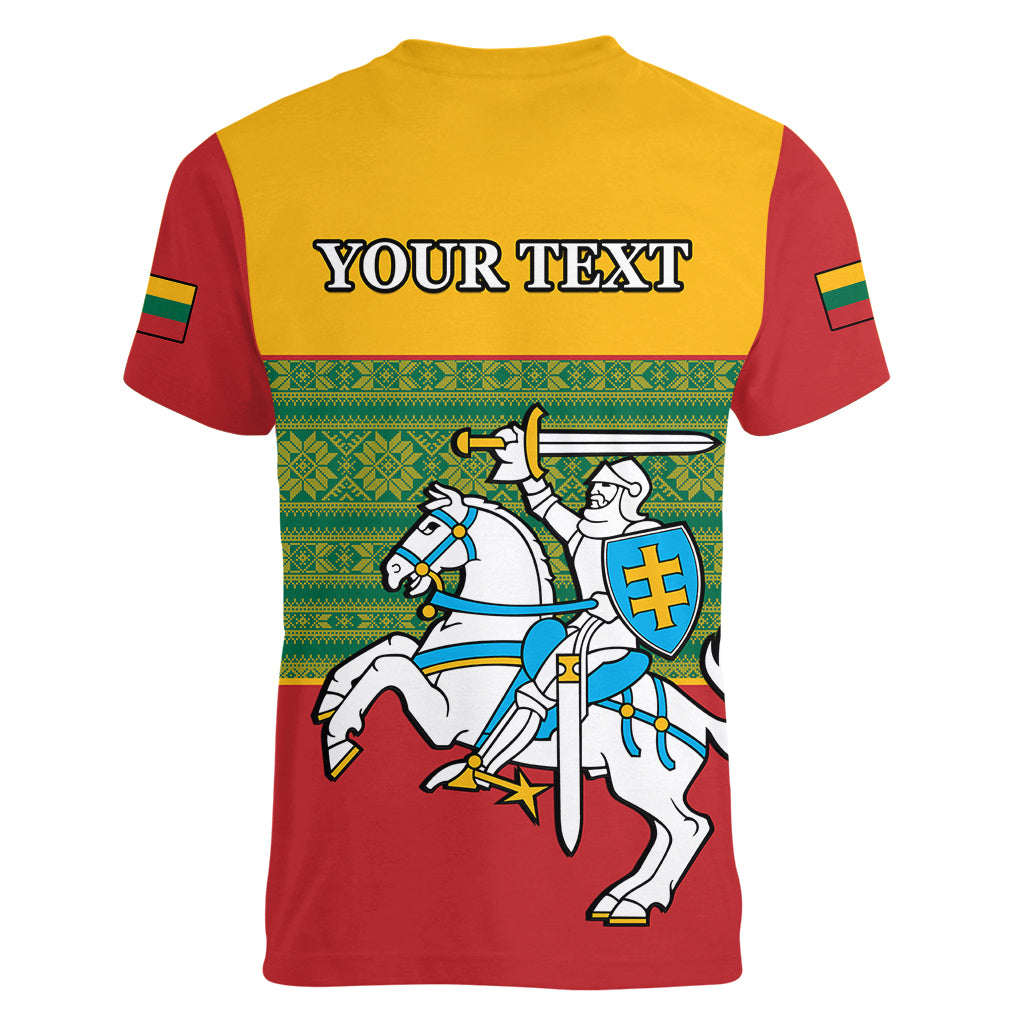 Personalised Lithuania Women V Neck T Shirt Lithuanian Coat Of Arms Mix Folk Pattern - Wonder Print Shop