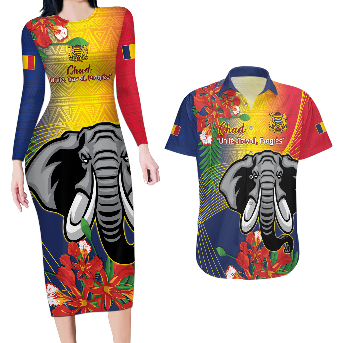 Chad Independence Day Couples Matching Long Sleeve Bodycon Dress and Hawaiian Shirt Happy 64 Years Of Independence - Wonder Print Shop
