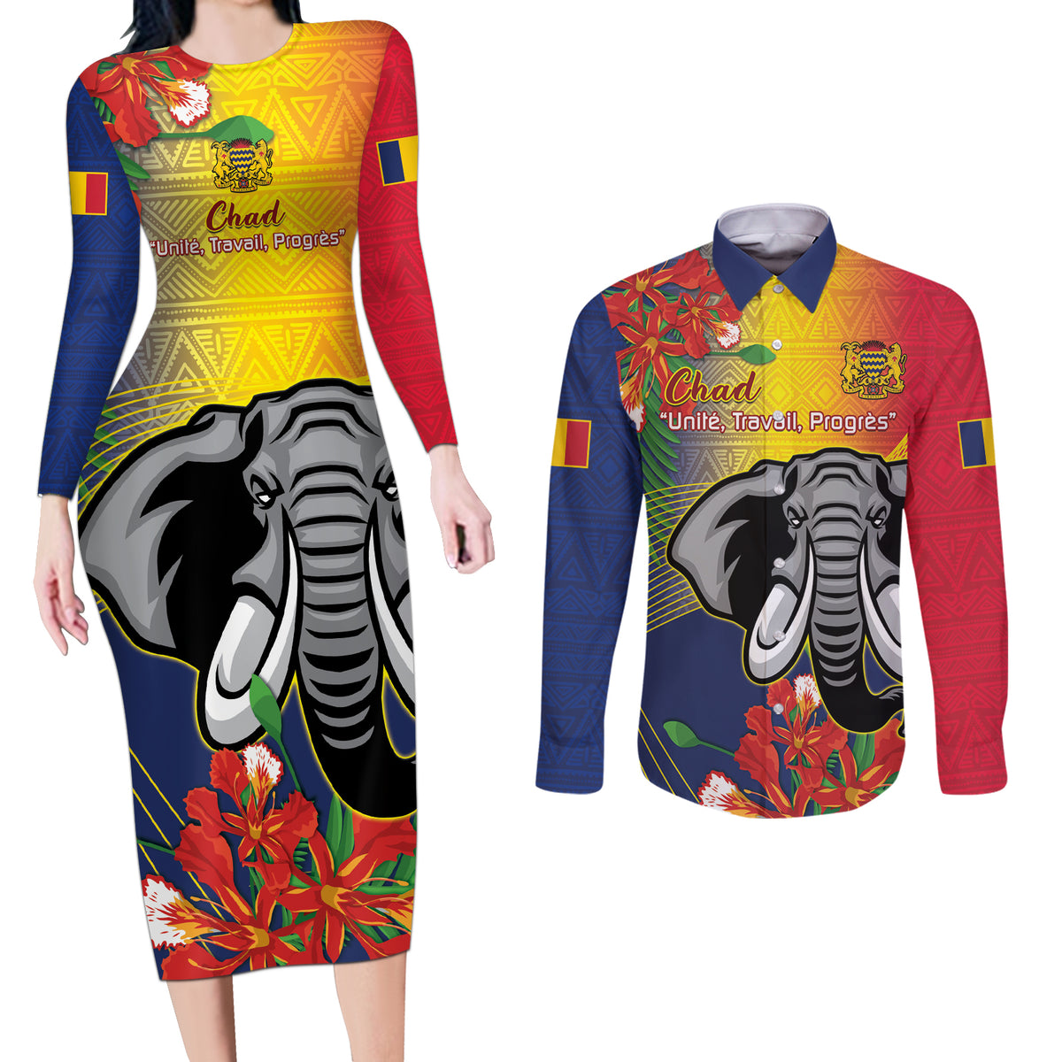 Chad Independence Day Couples Matching Long Sleeve Bodycon Dress and Long Sleeve Button Shirt Happy 64 Years Of Independence - Wonder Print Shop