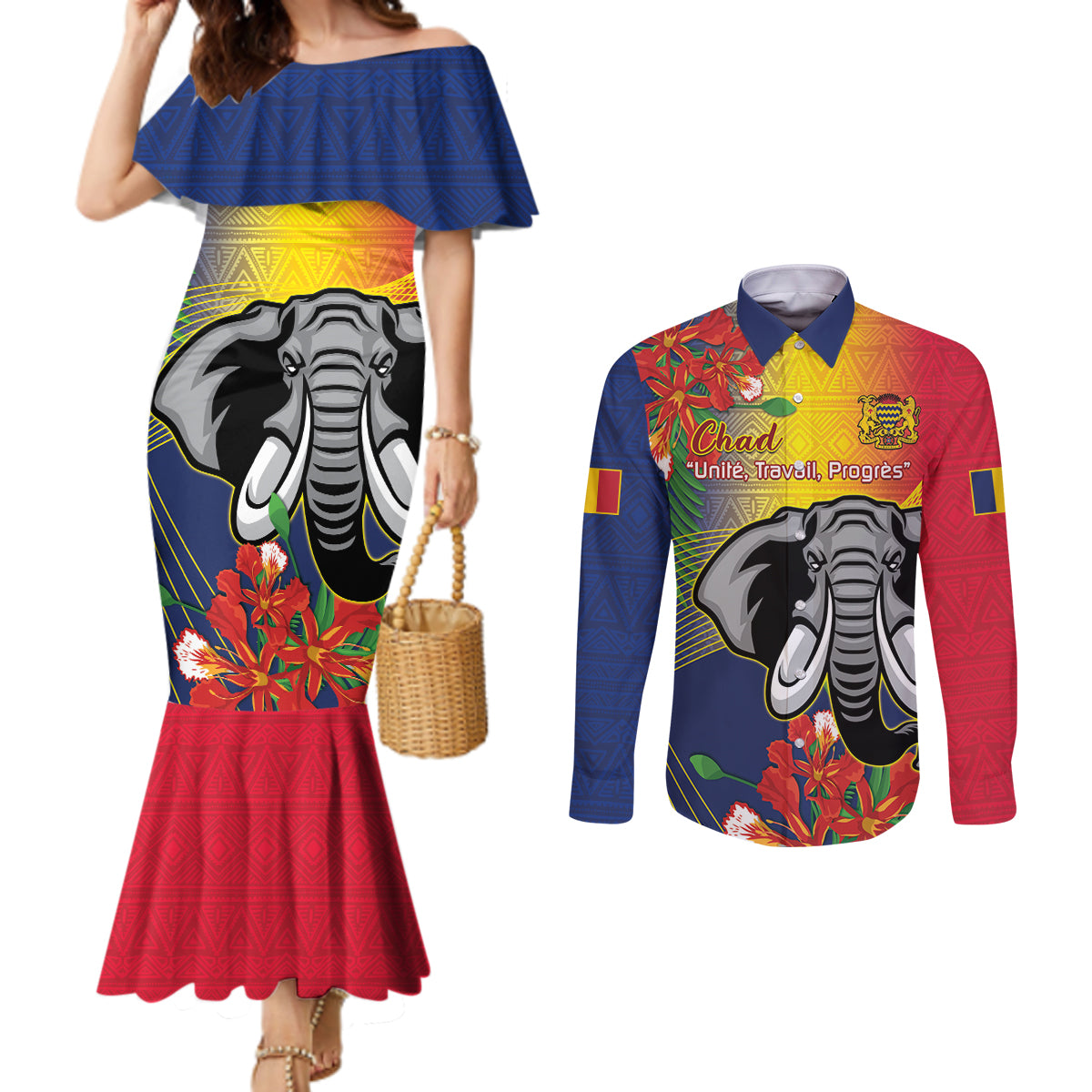 Chad Independence Day Couples Matching Mermaid Dress and Long Sleeve Button Shirt Happy 64 Years Of Independence