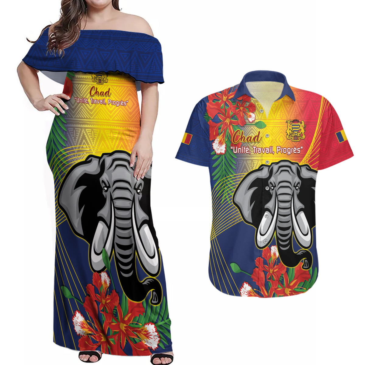 Chad Independence Day Couples Matching Off Shoulder Maxi Dress and Hawaiian Shirt Happy 64 Years Of Independence - Wonder Print Shop