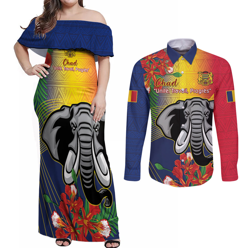 Chad Independence Day Couples Matching Off Shoulder Maxi Dress and Long Sleeve Button Shirt Happy 64 Years Of Independence - Wonder Print Shop