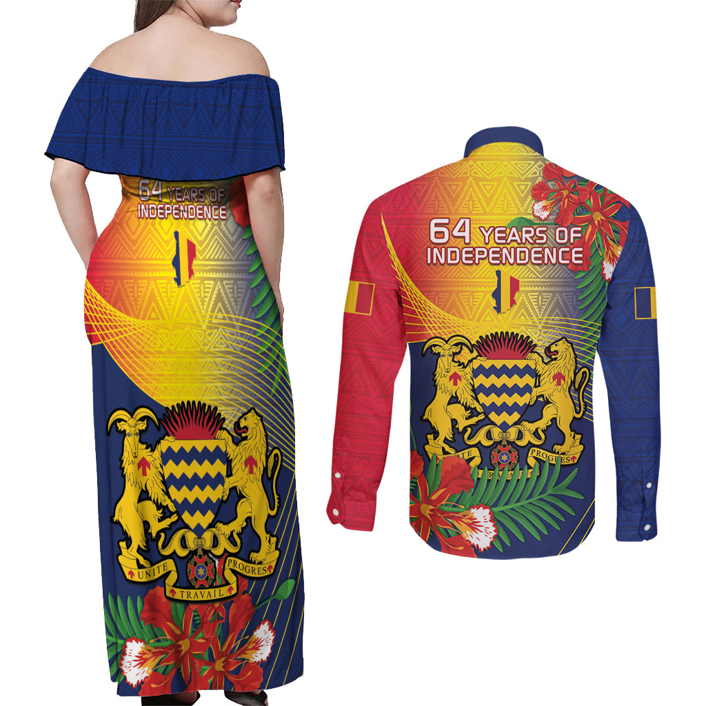 Chad Independence Day Couples Matching Off Shoulder Maxi Dress and Long Sleeve Button Shirt Happy 64 Years Of Independence - Wonder Print Shop