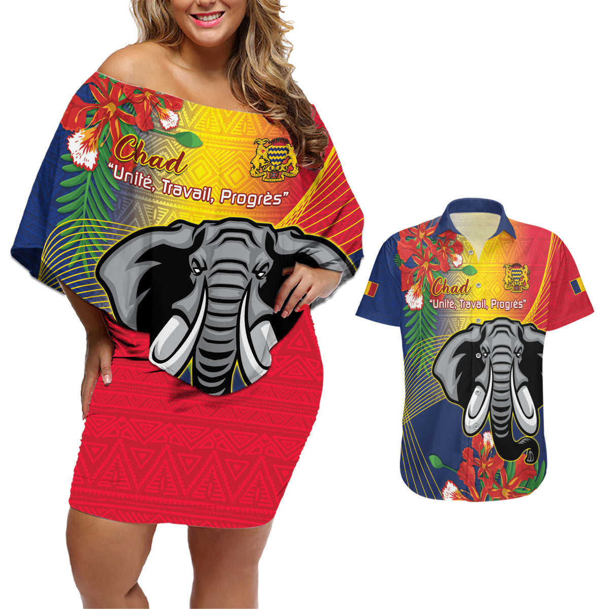 Chad Independence Day Couples Matching Off Shoulder Short Dress and Hawaiian Shirt Happy 64 Years Of Independence - Wonder Print Shop