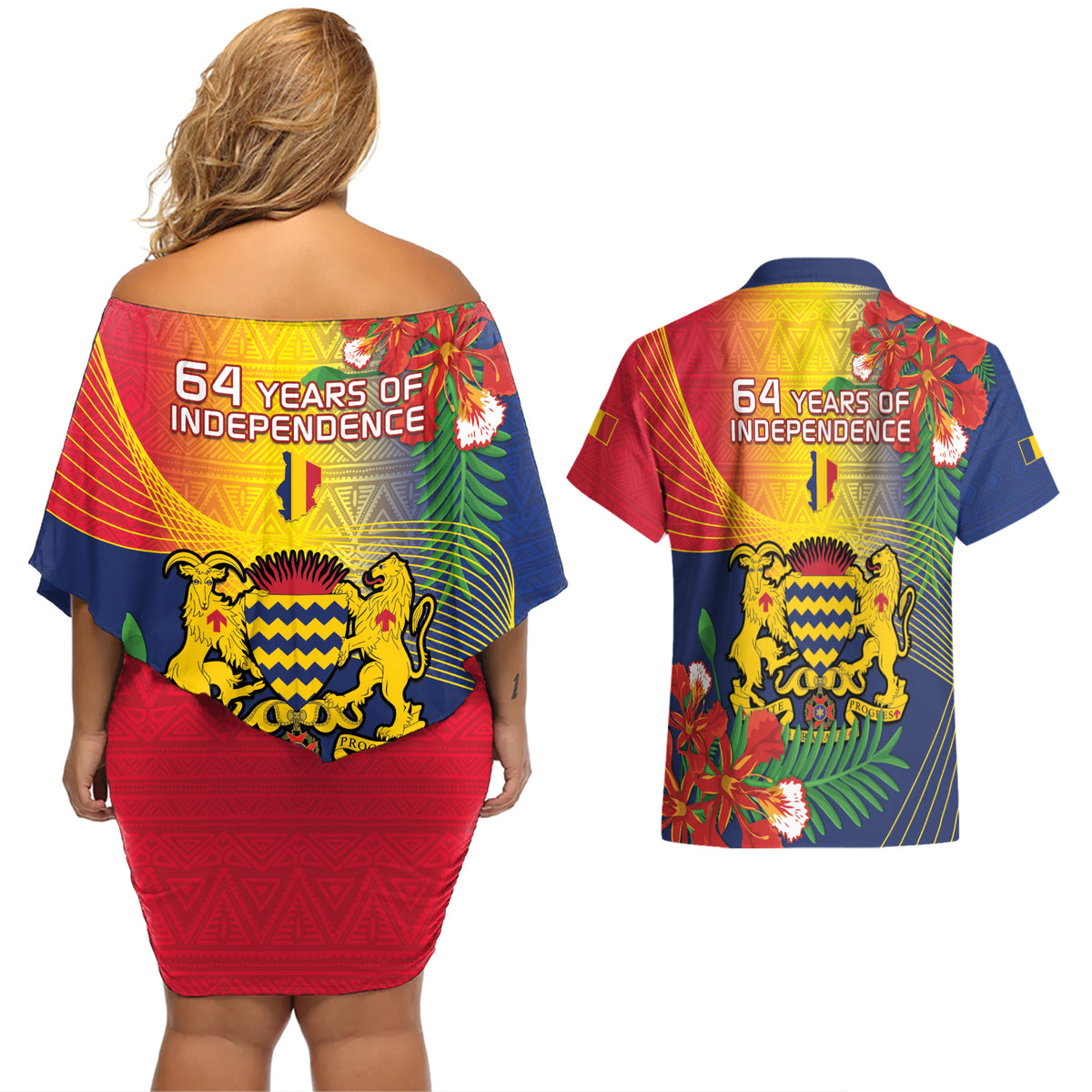 Chad Independence Day Couples Matching Off Shoulder Short Dress and Hawaiian Shirt Happy 64 Years Of Independence - Wonder Print Shop