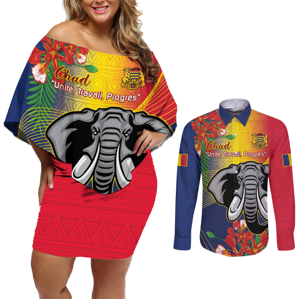 Chad Independence Day Couples Matching Off Shoulder Short Dress and Long Sleeve Button Shirt Happy 64 Years Of Independence - Wonder Print Shop