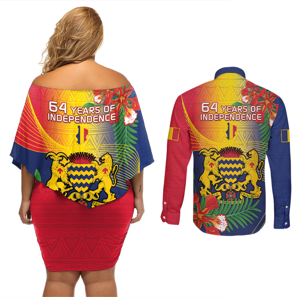 Chad Independence Day Couples Matching Off Shoulder Short Dress and Long Sleeve Button Shirt Happy 64 Years Of Independence - Wonder Print Shop