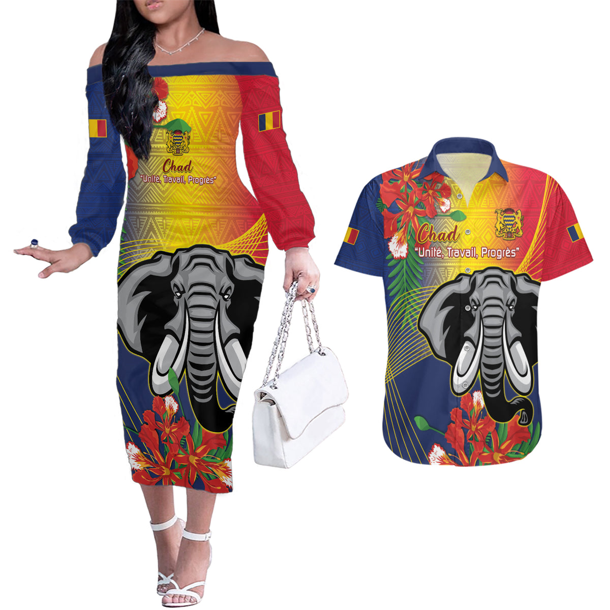Chad Independence Day Couples Matching Off The Shoulder Long Sleeve Dress and Hawaiian Shirt Happy 64 Years Of Independence - Wonder Print Shop